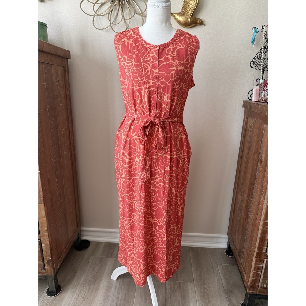 Denim & Co Dress MP Coral Crab Lobster Print Linen Blend Belted Maxi NWOT